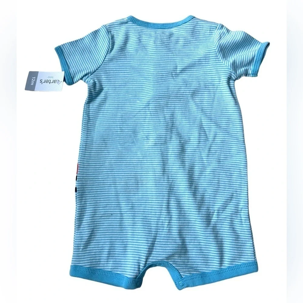 NWT Carter's Baby Boy Blue Stripe Beep Car Snap Shorts One Piece 12 Months 12M